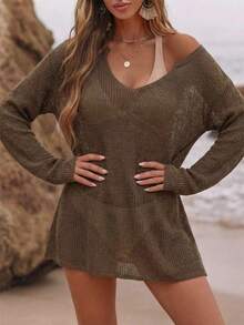 EMERY ROSE 镂空V领卡其色轻薄透视开衫 - 咖啡棕 - 查看 4