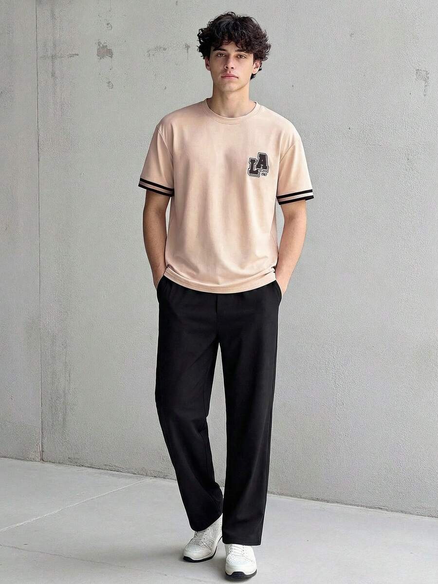 Vacaura 两件套青少年(男童)灰色短袖T恤搭配休闲长裤,百搭春夏秋季装扮 - 卡其色 - 查看 1
