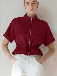 Aveloria Modichic Fashionable Short Utility Shirt, With Two Symmetrical Chest Pockets, Cinched Waist Design, Overall Neat And Practical - Red Violet - View 6