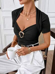 Gownix Women's Elegant Black Summer T-Shirt, Date Night Decorative Button Hollow Out Scallop Trim Ribbed Corset Top, Casual Short Sleeve Body Blouse - Black - View 7