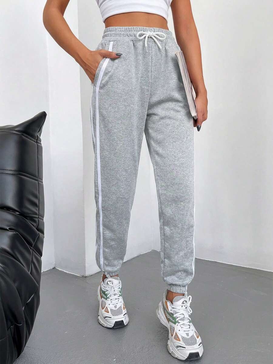 SHEIN Cottnline 95% Cotton Contrast Tape Drawstring Waist Slant Pocket Sweatpants - Grey - View 1