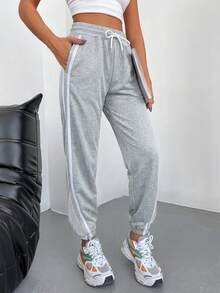 SHEIN Cottnline 95% Cotton Contrast Tape Drawstring Waist Slant Pocket Sweatpants - Grey - View 6