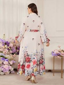 Modelyn Đầm vintage in hoa, thắt eo, cổ đứng / Đầm xòe tay phồng kiểu Pháp thanh lịch - Màu be - Xem 2