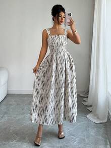 Elenzga Women's Asymmetrical Collar Waist Cinched Back Gathered Design Colorful Printed Fabric Loose Dress, Elegant Casual Vacation Vibe, Suitable For Carnival, Labor Day, Easter, Student, Campus, Beach Holiday, Travel, Garden, Summer New Fashion Essential - Multicolor - View 3