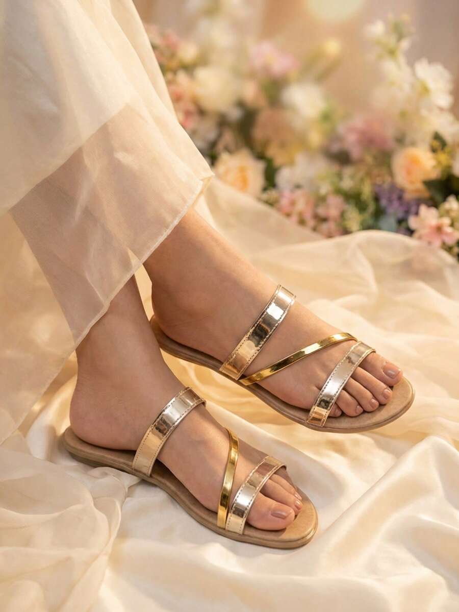 Sandalia plana en dorado, dorado rosado y plateado - Dorado - Ver 1