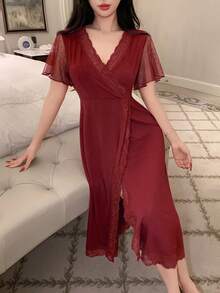 DAZY Knit Patchwork Polka Dot Mesh Lace Patchwork Waist V-Neck Women's Loungewear Dress - Burgundy - View 3