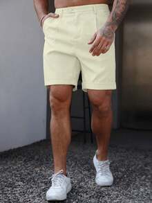 Manfinity Homme Plus Size Men's Solid Color Minimalist Design Belted Pleated Casual Shorts - Beige - View 4