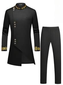 Manfinity AFTRDRK Bộ vest nam tay dài, tay lửng, vạt bất đối xứng, thêu họa tiết, gồm áo blazer và quần tây. - màu đen - Xem 3