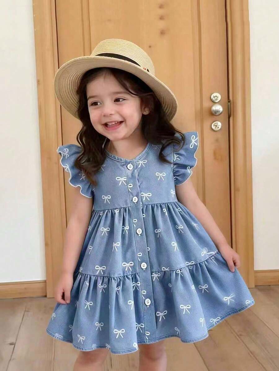 SHEIN Vintaside Kids 一件少女碎花V领休闲度假连衣裙,适合夏季户外度假 - 白色 - 查看 1
