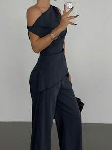 Strévra 2pcs/Set Women's Casual Asymmetric Hem Top And Pants Suit, Suitable For Office And Commuting In Summer - Navy Blue - View 4