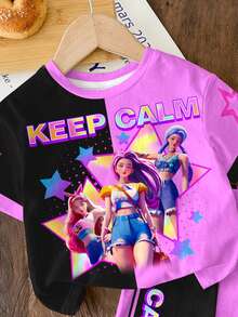 SHEIN 两件套少女字母卡通印花短袖T恤和短裤，休闲简约夏季套装，适合校园、运动、户外、街头风、居家穿着。 - 彩色 - 查看 4