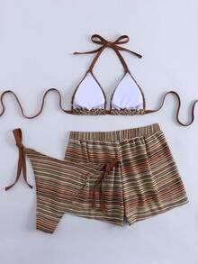 SHEIN Swim Curve 大码女士三件套泳装，条纹系带比基尼上衣、泳裤和罩衫，性感沙滩度假泳装 - 彩色 - 查看 2