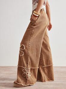 Bohemela Quần jean nữ dáng rộng, màu nâu trơn, chất liệu denim dệt kim, kiểu dáng vintage mùa xuân/hè, họa tiết hoa, thích hợp cho lễ tình nhân, phong cách miền Tây hoang dã, dự tiệc, đi biển, mặc hàng ngày, đi học, đi chơi và dự tiệc, thập niên 2000, kỳ nghỉ hè. - màu nâu - Xem 7