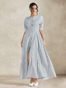 Briarwyn 女士优雅单排扣条纹连衣裙，女士夏季连衣裙，夏季服装，夏季度假服装，女士春季服装，女士度假服装，女士海滩度假服装，外出服装，优雅女士礼服，度假连衣裙，沙滩连衣裙，奢华优雅连衣裙 - 黑與白 - 查看 2