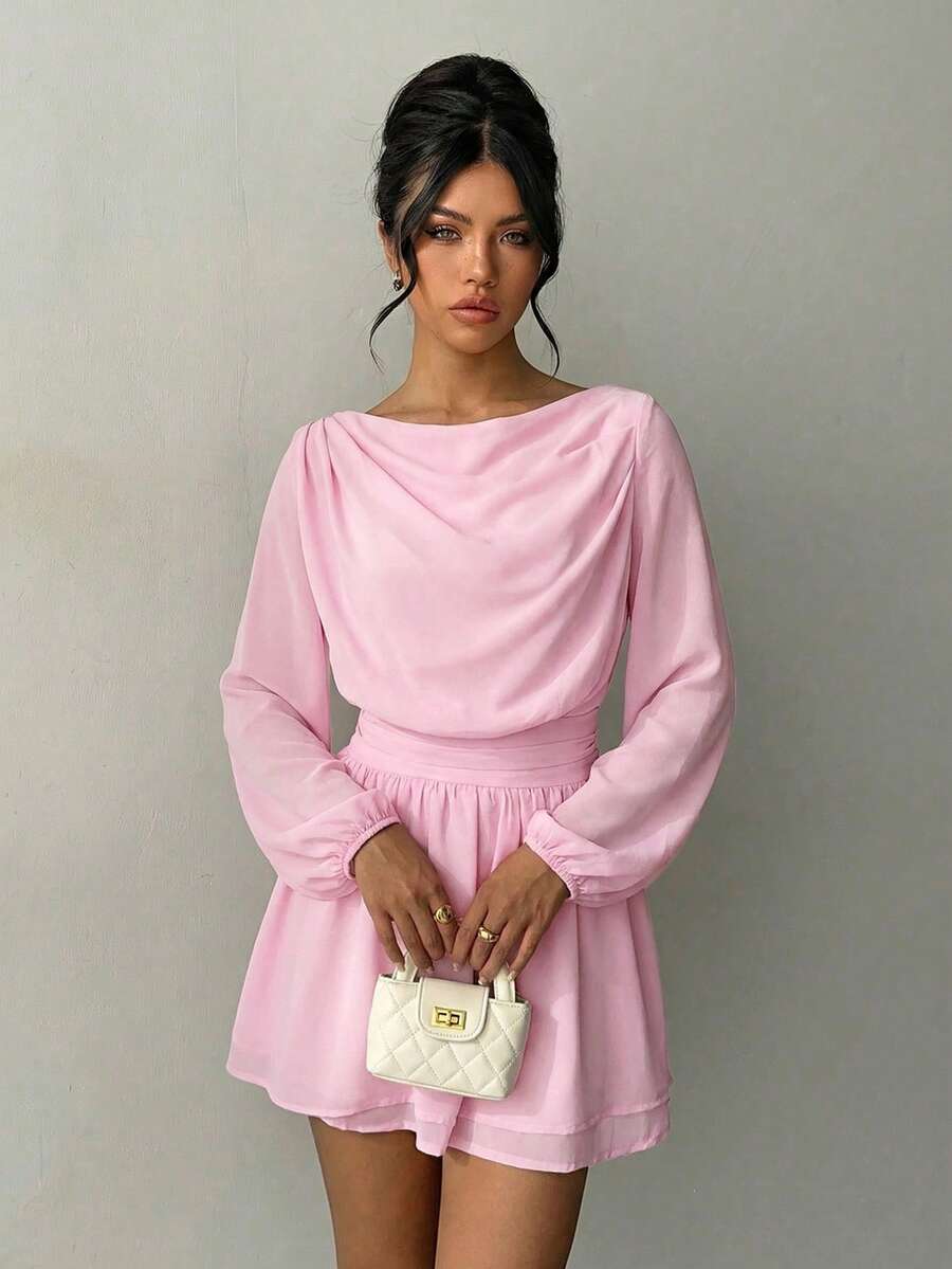 Aloruh New Romantic Date Chiffon Stand Collar Long Sleeve Ruched Mini Dress, Light Pink, Spring/Summer - Baby Pink - View 1