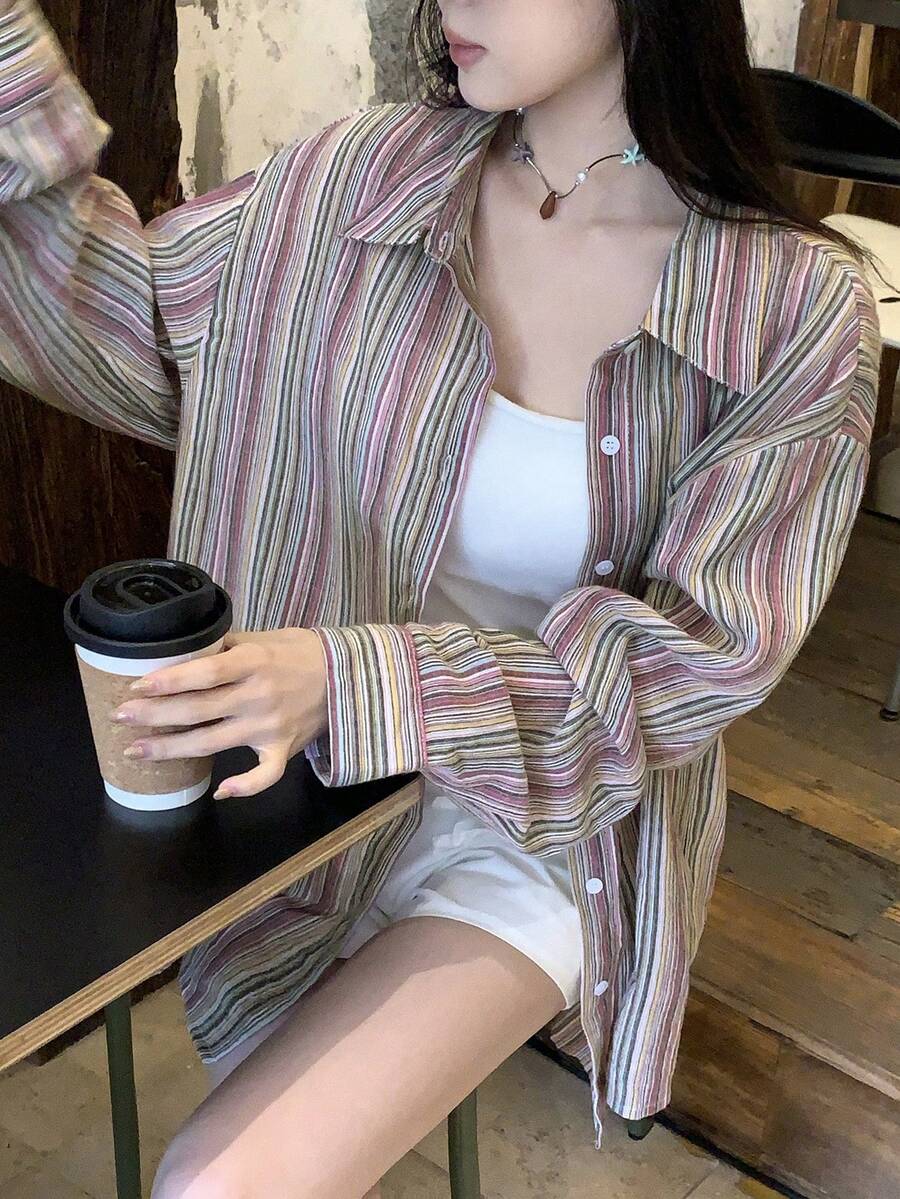 DAZY Women's Striped Minimalist Long Sleeve Shirt, Casual Everyday Wear - Brown - View 1