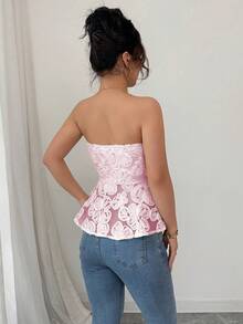 Rafferiza 优雅时尚无肩带束腰荷叶边下摆侧开衩隐形拉链网纱刺绣杏色女式衬衫，春夏荷叶边上衣，女士无肩带衬衫，蕾丝抹胸无肩带上衣，女士束身衣，女士上衣，女士精美上衣，女士无肩带上衣 - 粉色 - 查看 2