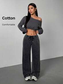 SHEIN PETITE Quần nỉ ống đứng lưng thấp thường ngày dành cho nữ, thích hợp cho mùa hè, đã giặt - màu đen - Xem 6