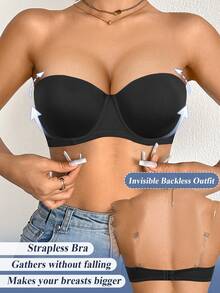 DesireSculpt 3pcs Women's Solid Color Simple Design Strapless Bra With Wire, Seamless Bra Set - Multicolor - View 8