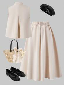 SHEIN ChillGRL 女童两件套：纯色 A 字裙搭配无袖无领开衫背心，饰有花瓣图案，适合春夏日常休闲穿着。 - 杏色 - 查看 2