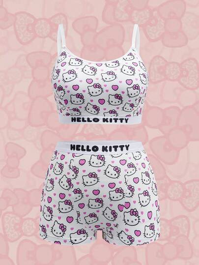 HELLO KITTY AND FRIENDS | SHEIN 大码字母卡通图案文胸和短裤套装