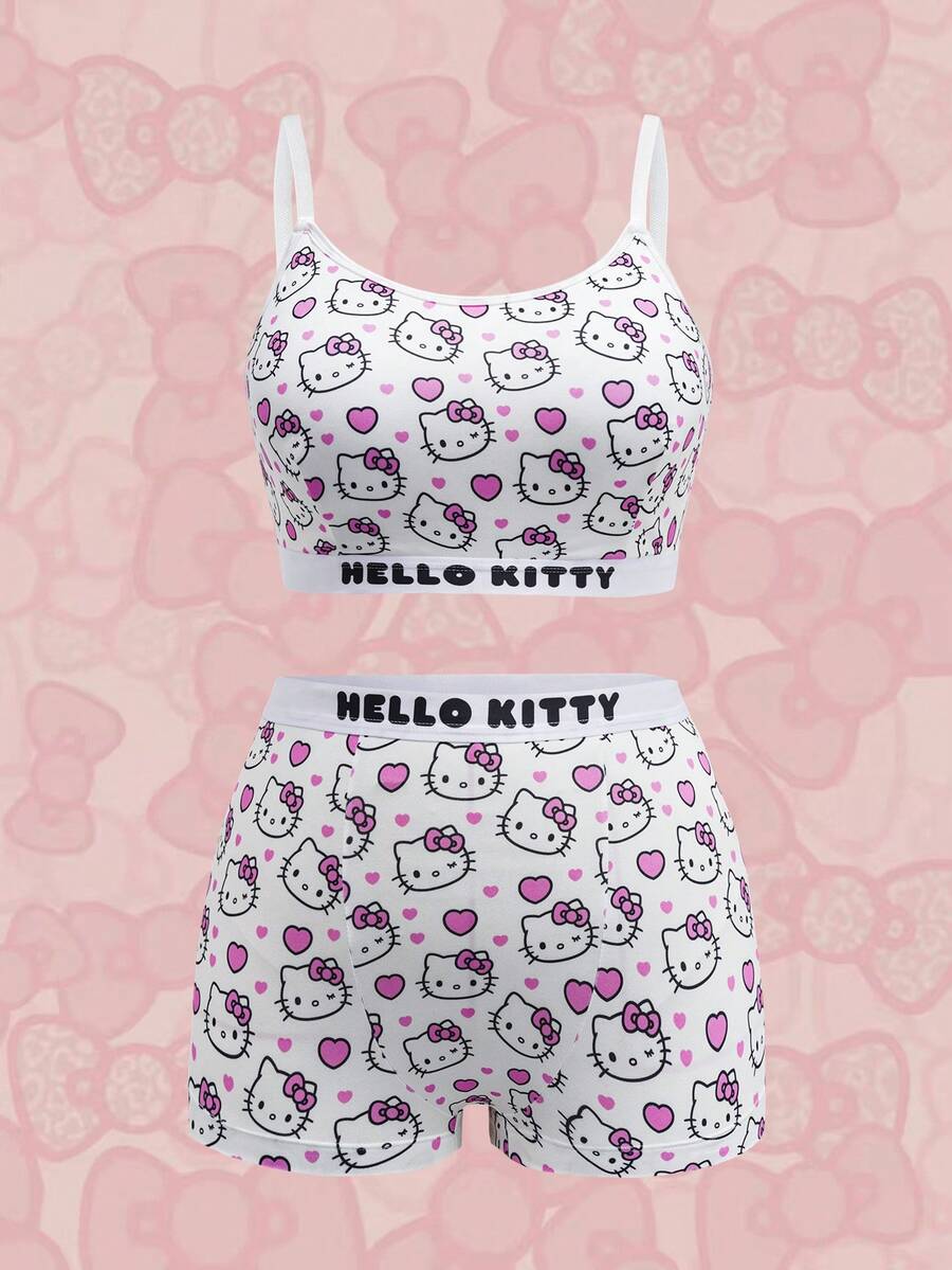 HELLO KITTY AND FRIENDS | SHEIN Plus Size Letter & Cartoon Graphic Bra And Boyshorts Set - Pink - View 1
