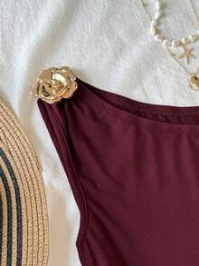 SHEIN Bộ áo thun và quần dài phối hợp họa tiết hoa hồng cho bé gái tuổi teen, màu trơn, màu đỏ tía, đỏ Angola. - Màu Đỏ Sâu - Xem 3