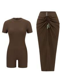 Swim Mulvari Women's Solid Color Short Sleeve Zipper Bikini Bottom & Skirt 2 Pieces Swimwear - Coffee Brown - View 3