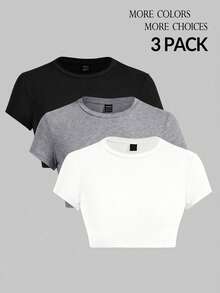 SHEIN PETITE Women's Short-Sleeve Fitted T-Shirt Set In Black, White And Gray - Multicolor - View 1