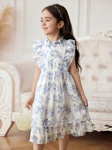 SHEIN Elladie kids Đầm hoa không tay dáng phồng in hình hoa hồng cho bé gái 2-5 tuổi, khóa kéo phía sau, thanh lịch, đa năng, ngọt ngào và dễ thương, kiểu đầm công chúa thích hợp mặc hàng ngày, mùa xuân/hè. - Màu xanh lam - Xem 5