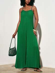 Zivah 2025春季新款音乐节、复活节、西部风、游牧风、生日派对、毕业典礼、学院风、聚会、假日郊游、优雅宴会、舞会、日常通勤、休闲、高端优雅、简约风、街头时尚褶皱装饰吊带V领侧开衩口袋梭织面料褶皱宽松阔腿连体裤 - 綠色 - 查看 6