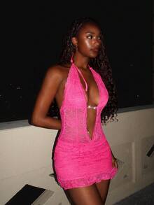 EgrlEra Fashionable Women's Fuchsia Lace Halter Bodycon Dress - Hot Pink - View 3