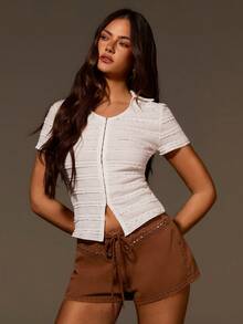 Athîral 女士休闲波西米亚风铆钉装饰棕色牛仔短裤，棕色短裤，性感短裤，水钻短裤，休闲短裤，沙滩装，嘉年华服装，春假装，春季女装，夏季装，暑假装，夏季女装，沙滩短裤，棕色短裤 - 棕色 - 查看 1