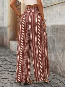 Brillora 女士高腰全印花斜插口袋休闲度假裤，度假，度假风，波西米亚风，波西米亚条纹裤，夏季沙滩条纹印花打结腰直筒裤，女士度假装，女士假日装，女士沙滩度假装，女士夏季装 - 棕色 - 查看 3