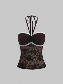 Sweetra Áo tank top cổ yếm gợi cảm thời trang với thiết kế phối ren màu tương phản, phong cách cổ điển độc đáo, tông màu nâu, hàng mới về mùa xuân/hè, phong cách tối giản quyến rũ dành cho nữ. - màu nâu - Xem 2