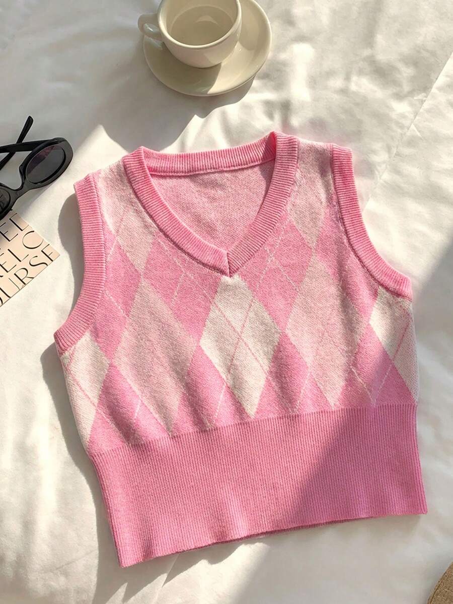 SHEIN Comfortcana Áo vest dệt kim cổ chữ V họa tiết hình thoi dành cho nữ, kiểu dáng thường ngày, đa năng, thích hợp cho mùa thu/đông. - Màu Hồng baby - Xem 1