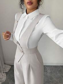 Elenzga 女士粉色竹纤维材质珍珠纽扣设计优雅教师制服，专业休闲时尚连体裤，适合感恩节、万圣节等场合穿着，百搭宽松飘逸阔腿连体裤 - 灰色 - 查看 3