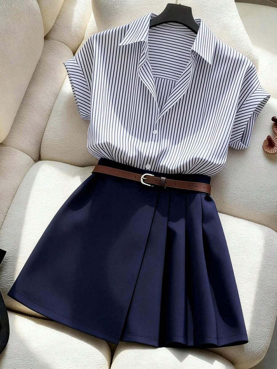 GlowEve Women's Blue Vertical Striped Shirt Collar Single-Breasted Cap Sleeve Shirt And High Waist Irregular Pleated Skirt Fashion Design Elegant Rejuvenating Spring/Summer 2-Piece Set - Blue - View 1
