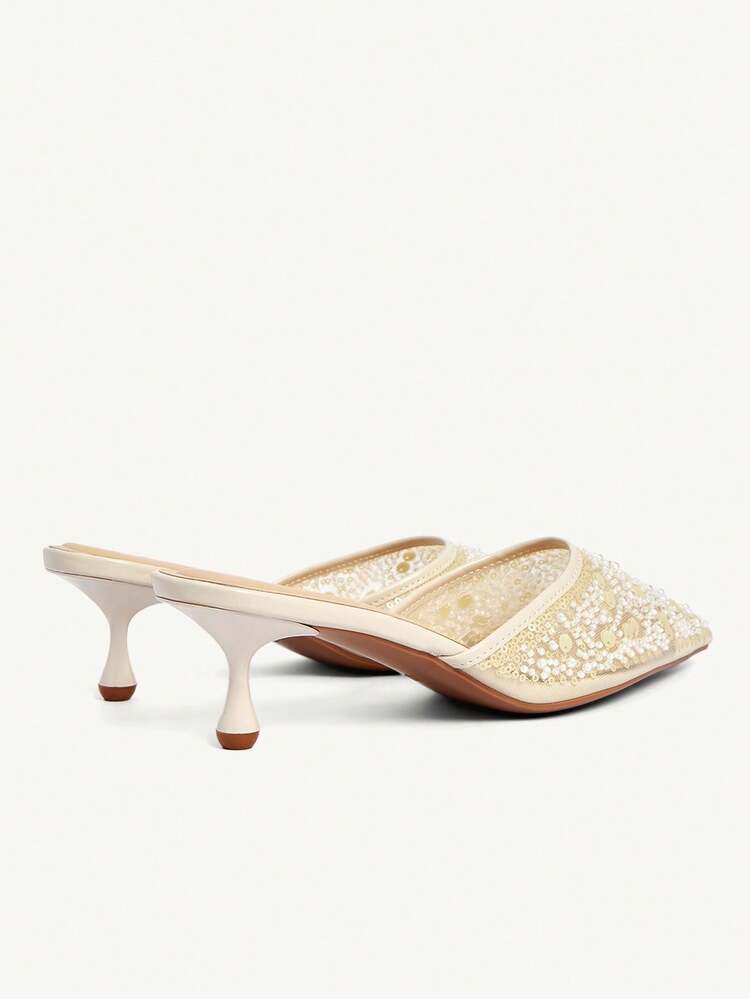 CUCCOO CHICEST Women's Pointed Toe Mid-Heel Beige Mesh Embroidery & Beaded Fashion Elegant Mule Backless Slip-On Shoes Wedding Shoes Summer Shoes Bride Shoes