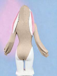 Sunspun Women's Solid Color Knitted Elastic Hooded Rabbit Ear Bodysuit, Anime Inspired Top, Cute, Rabbit Ears, Spring/Autumn, Winter - Pink - View 2