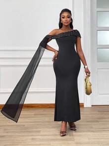 Xyvia Elegant Romantic Ruffle Off-Shoulder Fitted Long Dress, Suitable For Banquet, Party, Wedding - Black - View 4