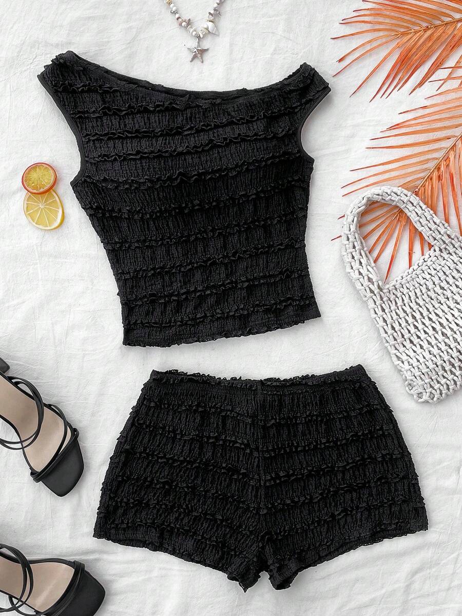 SHEIN Teen Girls Casual Comfortable Dropped Shoulder Short Sleeve T-Shirt And Shorts Co-Ord Set - Black - View 1