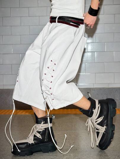 ROMWE MEN Street Life Men's Casual Minimalist White Tie-Up Shorts, Daily Wear