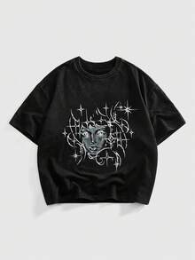 ROMWE MEN Street Life Men's Casual Graphic Print Short Sleeve T-Shirt - Black - View 1