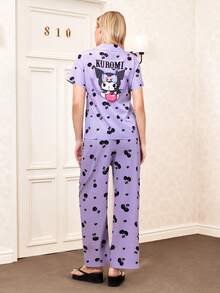 HELLO KITTY AND FRIENDS | SHEIN 女士休闲樱桃印花短袖衬衫长裤睡衣套装，春夏秋季 - 紫色 - 查看 3
