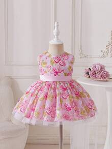 Glamorique Kids Baby Girls' Sleeveless Pink Elegant Summer Flower Girl Dress With Rose Flower Print,Jacquard Fabric,Satin Waist Belt,Tulle Birthday Wedding Party - Pink - View 6
