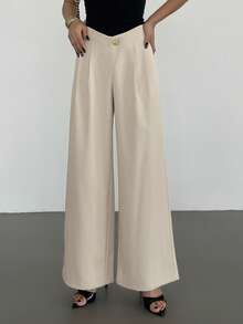 DAZY 女士高腰休闲宽松裤，带口袋 - 卡其色 - 查看 1