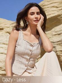 Dazy-Less 女士时尚优雅粗花呢单排扣无袖外套 - 卡其色 - 查看 1