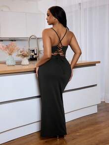 Veslaya Vestido Longo Preto Básico Estilo Sexy com Alças Finas, Decote Nas Costas e Amarração Na Frente, Tecido Elástico de Malha, Tamanhos Grandes, Adequado para Ocasiões Elegantes, Casuais, Férias, Passeios Diários, Reuniões, Encontros, Festivais de Música, Jantares e Festas - Preto - Visão 8