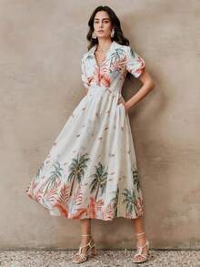 Anewsta Palm Tree Print Embroidered Collar Waist Cinched Short Sleeve Dress, Vacation Style - White - View 7